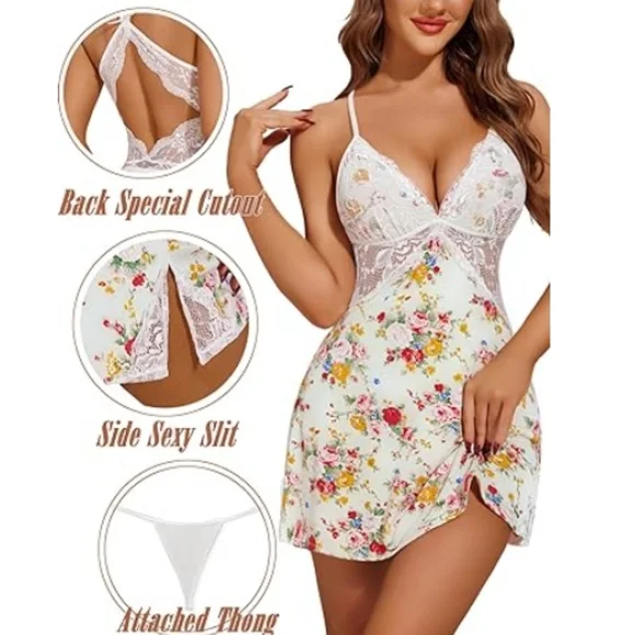 Nightie Lingerie Lace Chemise Sleepwear Babydoll Teddy Floral White - Picture 3 of 6